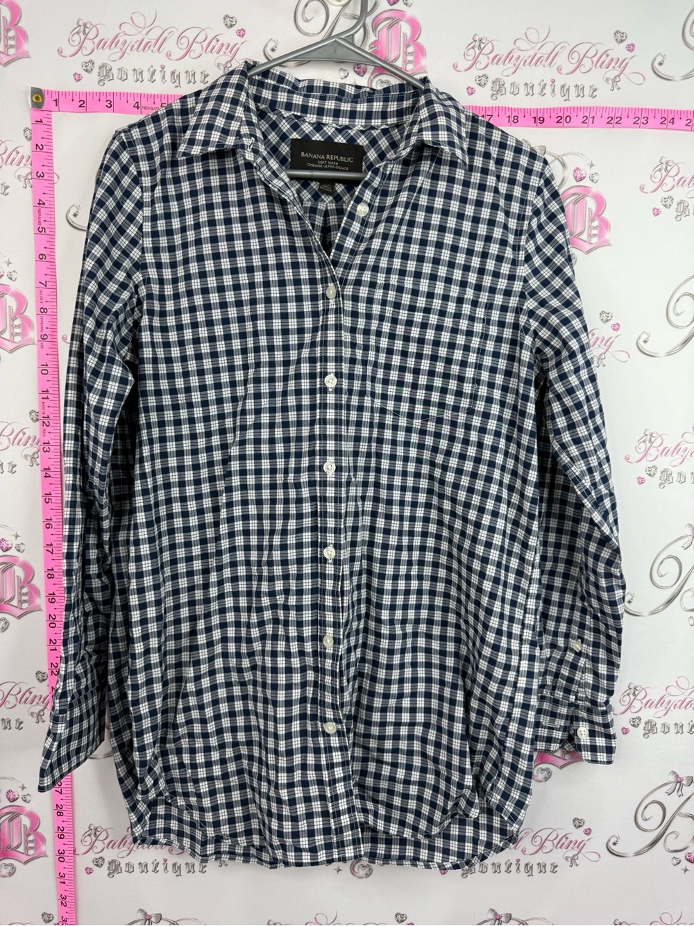Banana Republic Navy and White Gingham Button-Up Shirt soft wash